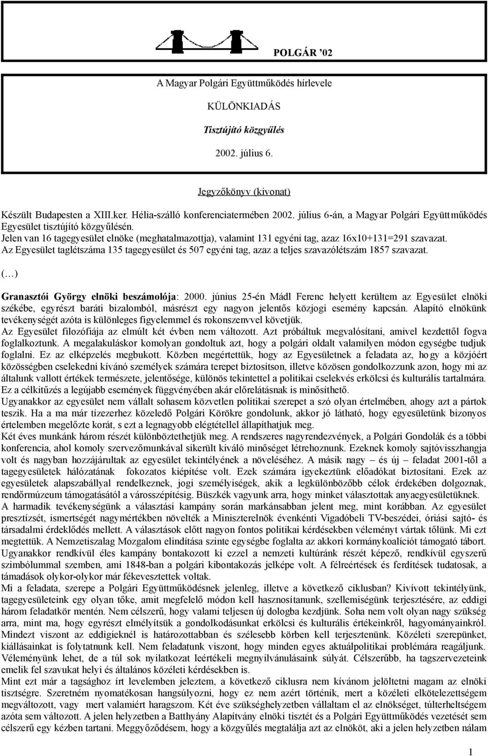 Az Egyesület taglétszáma 135 tagegyesület és 507 egyéni tag, azaz a teljes szavazólétszám 1857 szavazat. Granasztói György elnöki beszámolója: 2000.