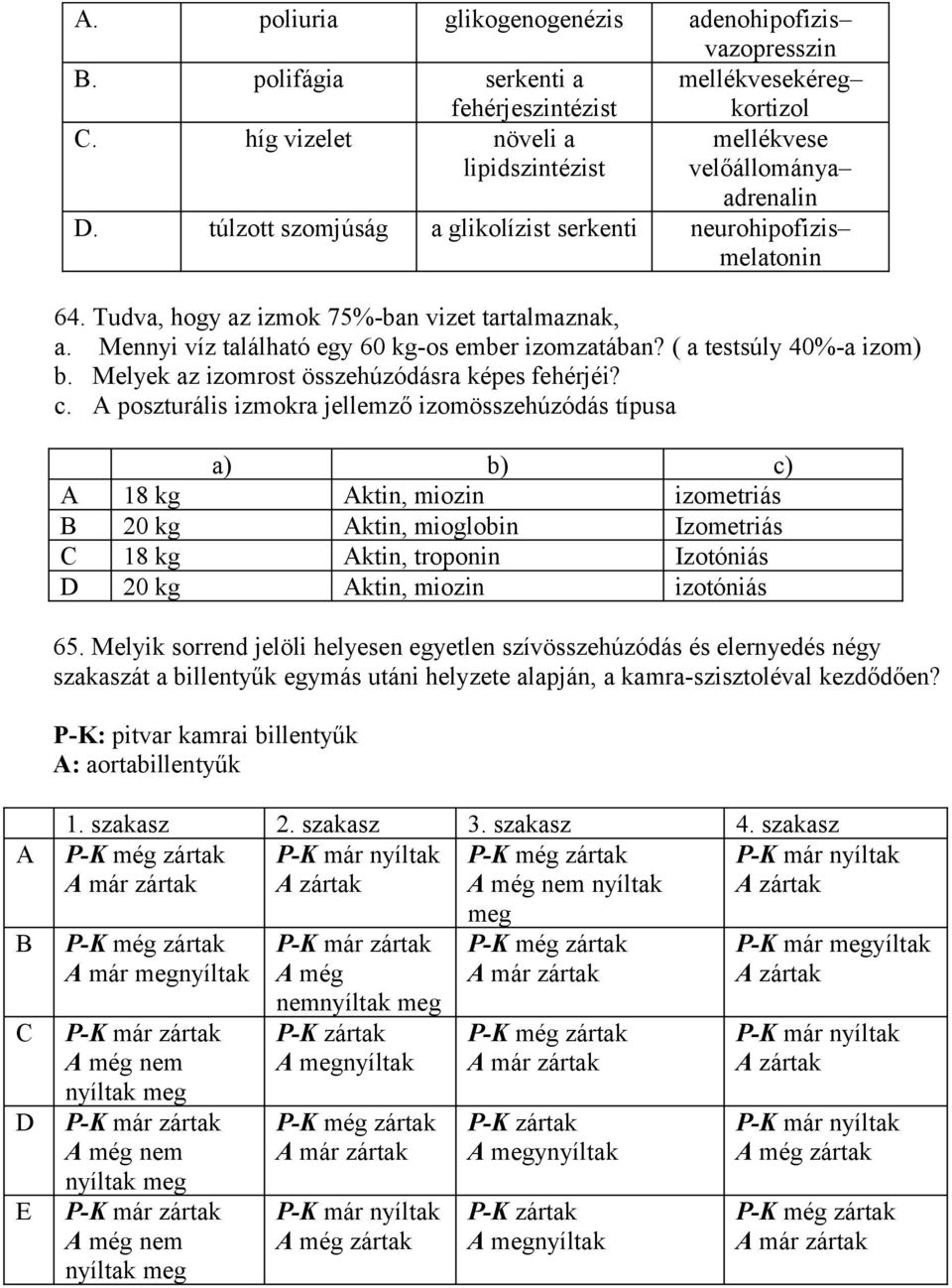 Mennyi víz található egy 60 kg-os ember izomzatában? ( a testsúly 40%-a izom) b. Melyek az izomrost összehúzódásra képes fehérjéi? c.