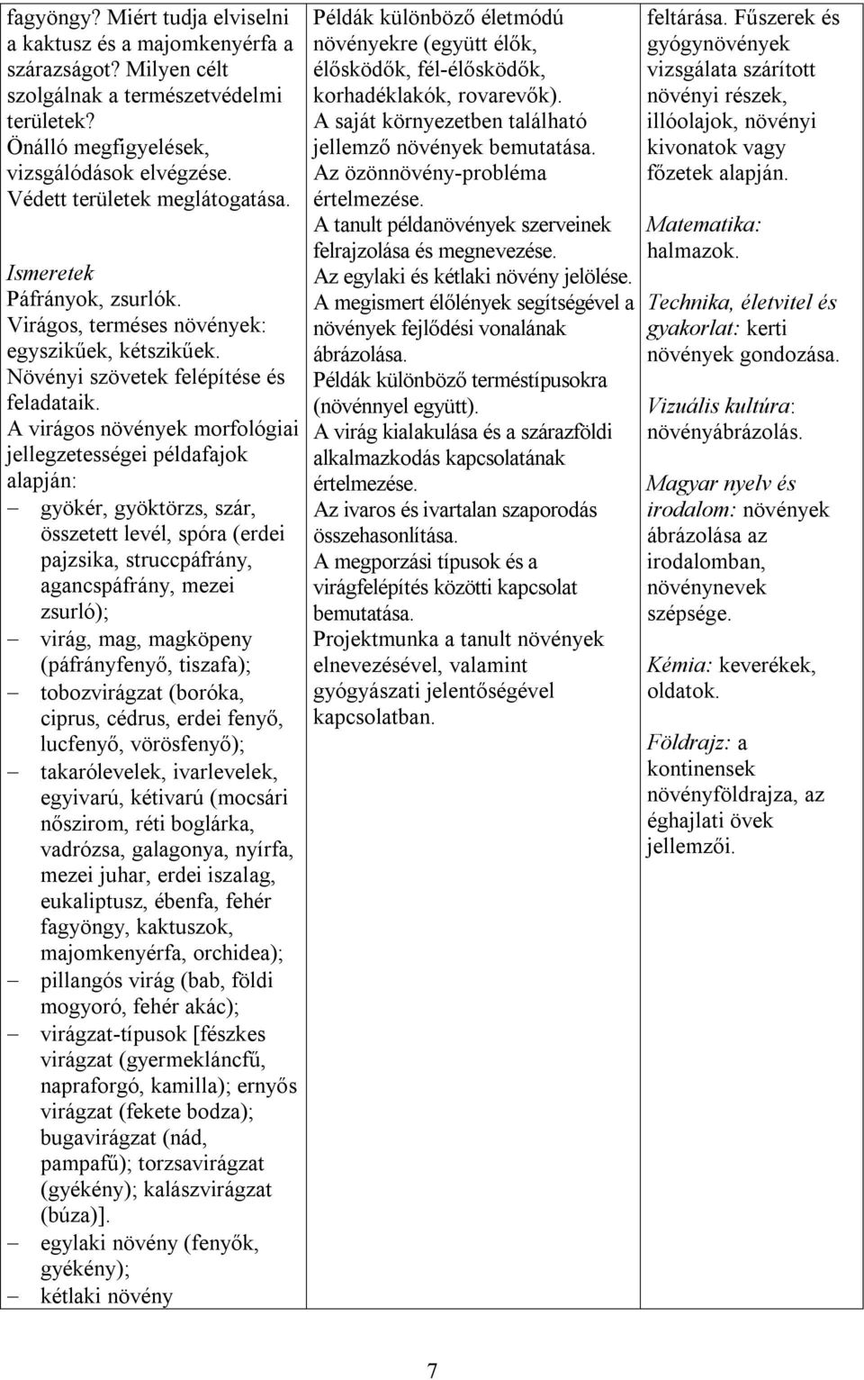 A virágos növények morfológiai jellegzetességei példafajok alapján: gyökér, gyöktörzs, szár, összetett levél, spóra (erdei pajzsika, struccpáfrány, agancspáfrány, mezei zsurló); virág, mag, magköpeny