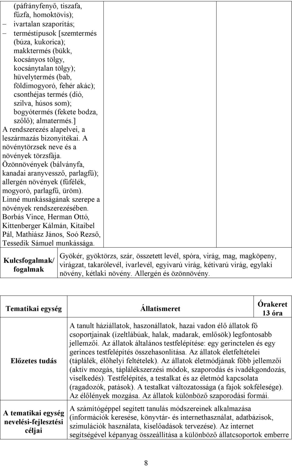 A növénytörzsek neve és a növények törzsfája. Özönnövények (bálványfa, kanadai aranyvessző, parlagfű); allergén növények (fűfélék, mogyoró, parlagfű, üröm).