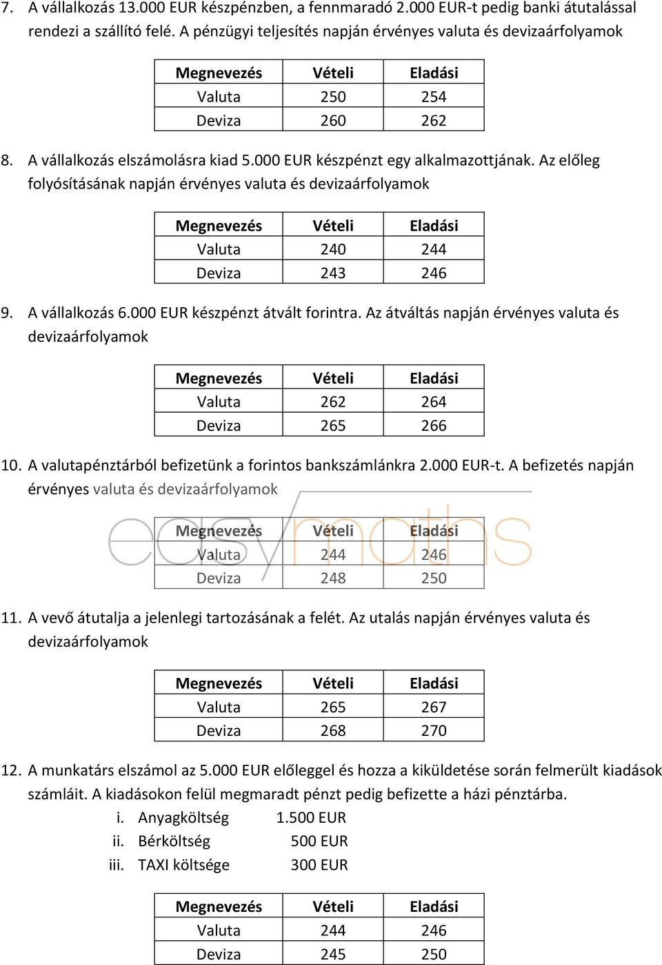 Az előleg folyósításának napján érvényes valuta és devizaárfolyamok Valuta 240 244 Deviza 243 246 9. A vállalkozás 6.000 EUR készpénzt átvált forintra.