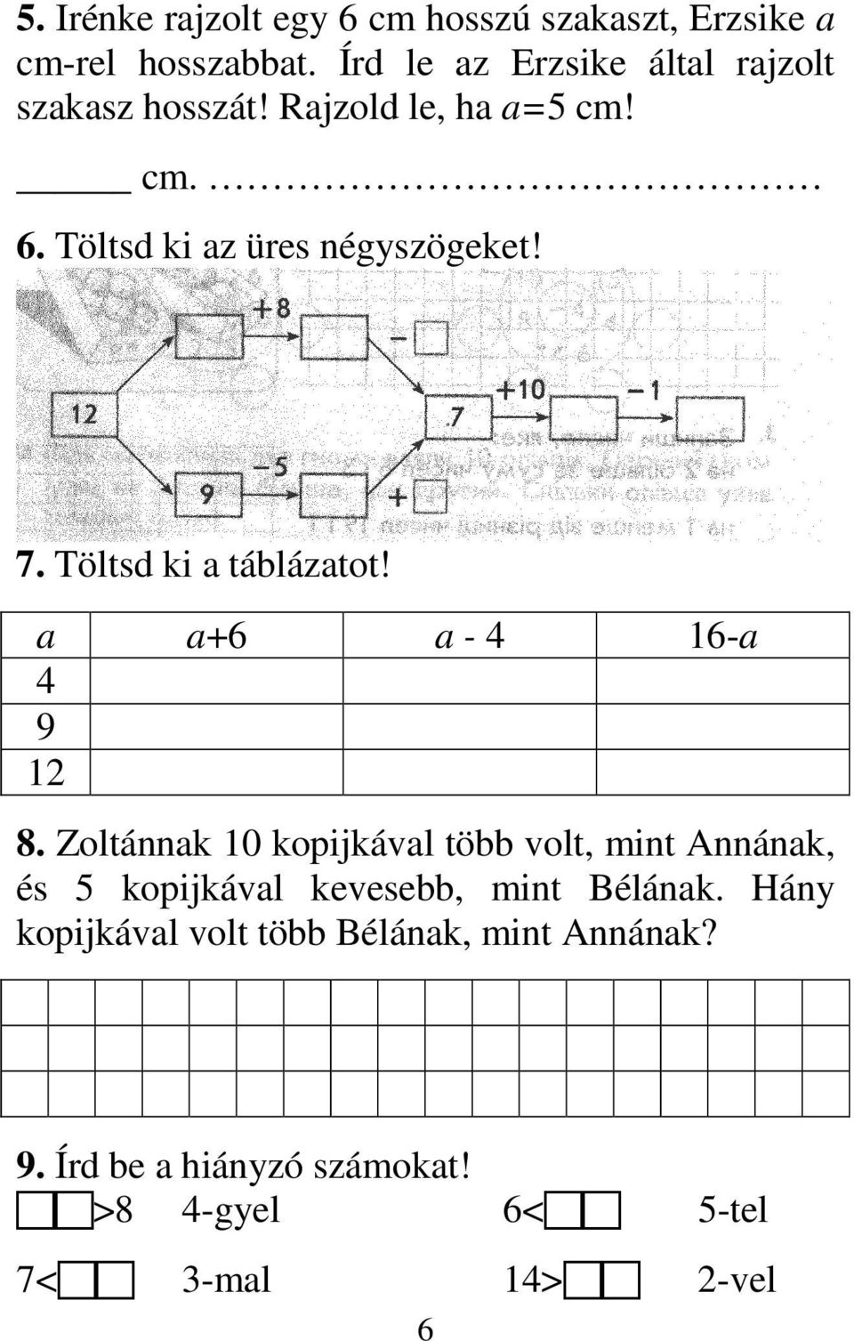 7. Töltsd ki a táblázatot! a a+6 a - 4 16-a 4 9 12 8.