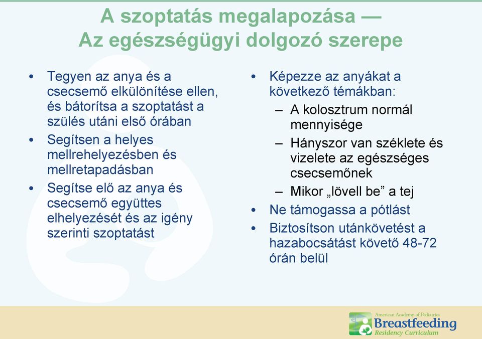 és az igény szerinti szoptatást Képezze az anyákat a következő témákban: A kolosztrum normál mennyisége Hányszor van széklete és