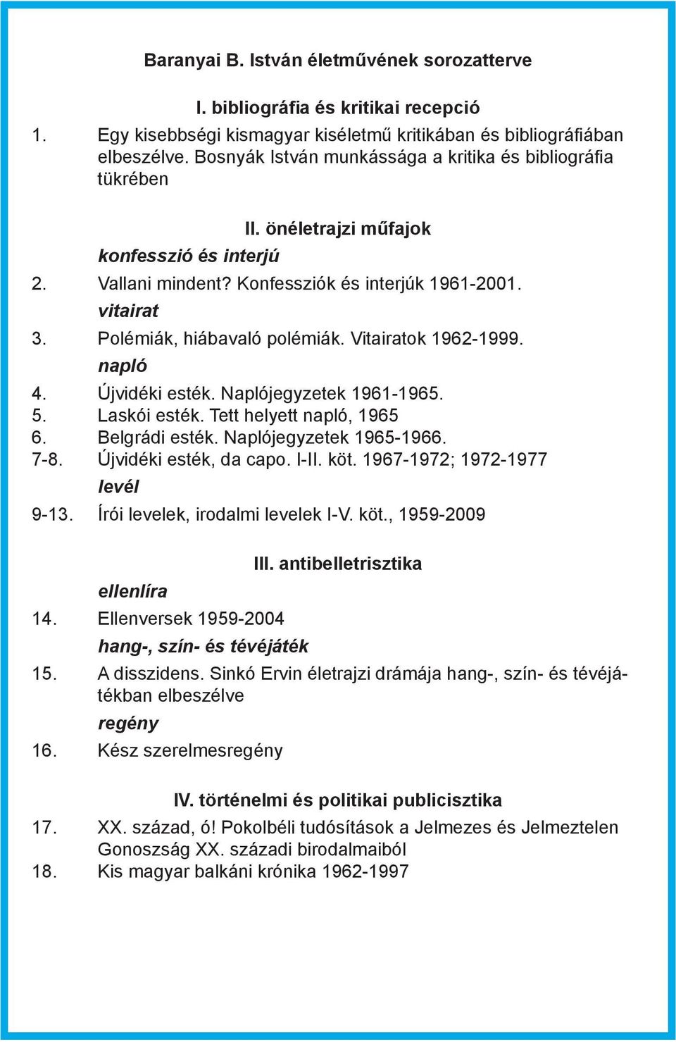 Polémiák, hiábavaló polémiák. Vitairatok 1962-1999. napló 4. Újvidéki esték. Naplójegyzetek 1961-1965. 5. Laskói esték. Tett helyett napló, 1965 6. Belgrádi esték. Naplójegyzetek 1965-1966. 7-8.