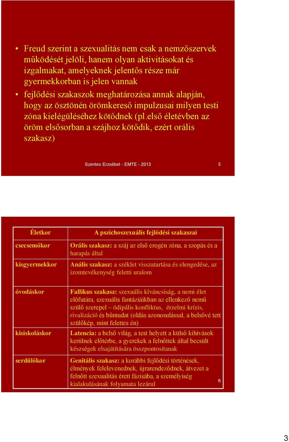 első életévben az öröm elsősorban a szájhoz kötődik, ezért orális szakasz) Szentes Erzsébet - EMTE - 2013 5 Életkor csecsemőkor kisgyermekkor A pszichoszexuális fejlődési szakaszai Orális szakasz: a