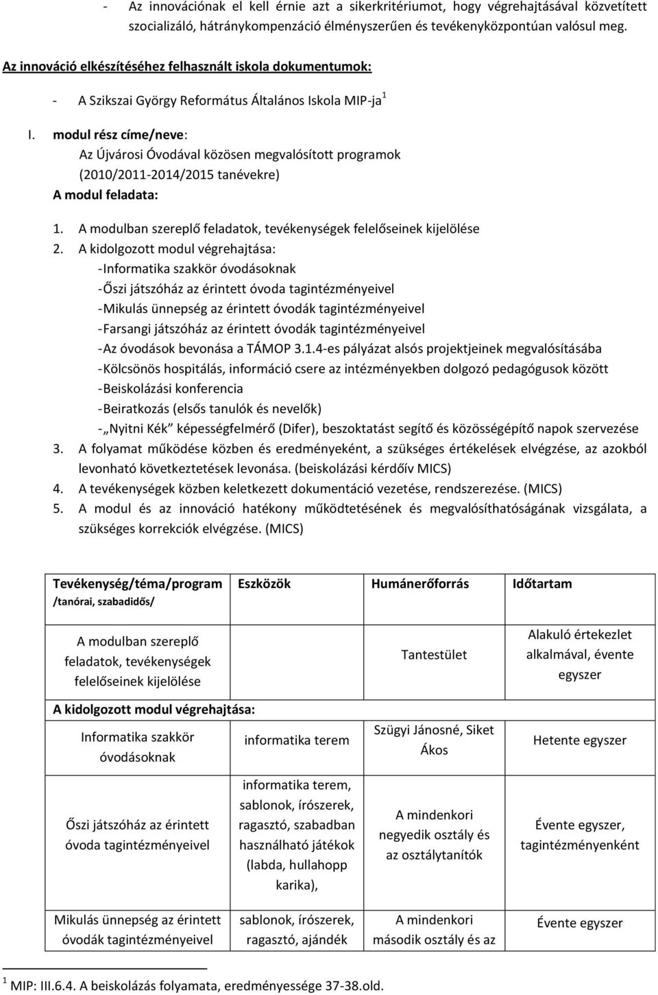 modul rész címe/neve: Az Újvárosi Óvodával közösen megvalósított programok (2010/2011-2014/2015 tanévekre) A modul feladata: 1. A modulban szereplő feladatok, tevékenységek felelőseinek kijelölése 2.