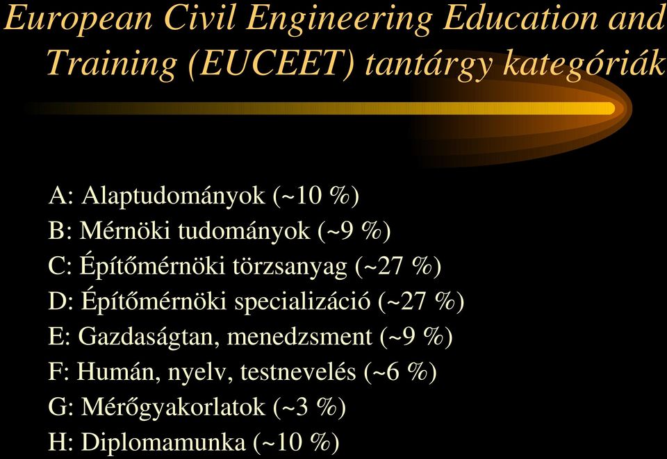 (~27 %) D: Építőmérnöki specializáció (~27 %) E: Gazdaságtan, menedzsment (~9 %)