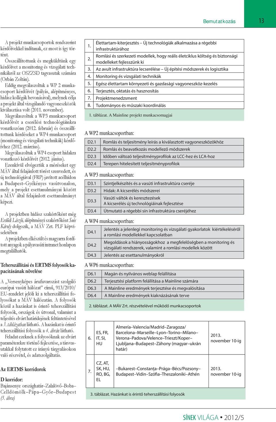 Eddig megválaszoltuk a WP 2 munkacsoport kérdőívét (pályás, alépítményes, hidász kollégák bevonásával), melynek célja a projekt által vizsgálandó vagyoneszközök kiválasztása volt (2011. november).