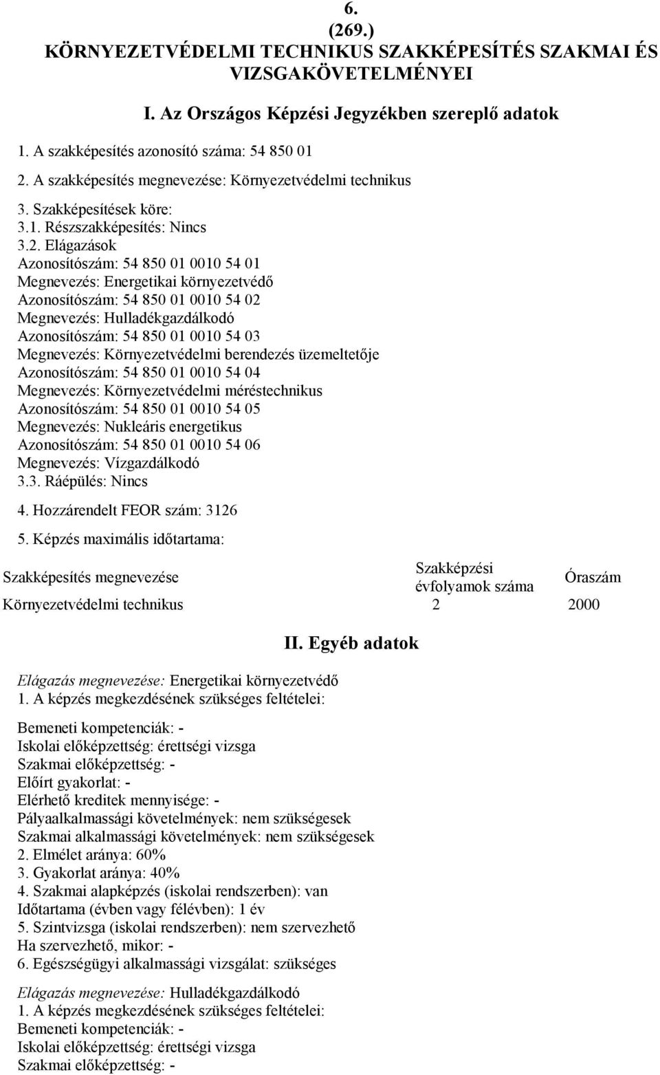 Elágazások Azonosítószám: 54 850 01 0010 54 01 Megnevezés: Energetikai környezetvédő Azonosítószám: 54 850 01 0010 54 02 Megnevezés: Hulladékgazdálkodó Azonosítószám: 54 850 01 0010 54 03 Megnevezés: