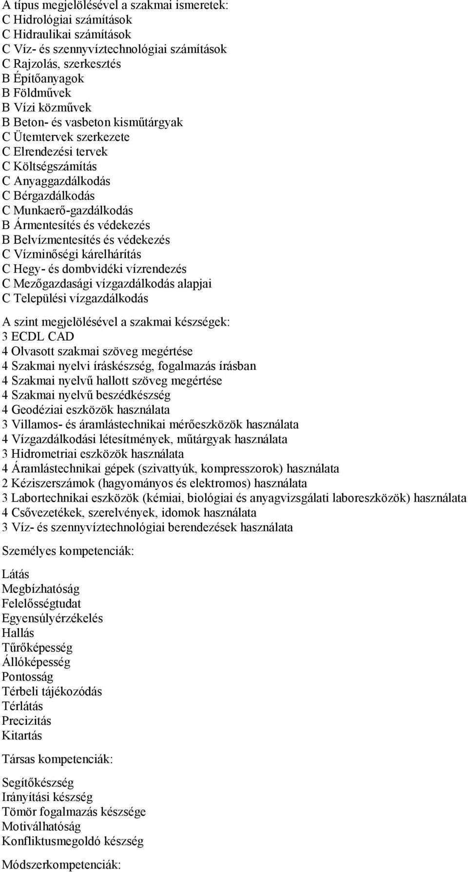 Belvízmentesítés és védekezés C Vízminőségi kárelhárítás C Hegy- és dombvidéki vízrendezés C Mezőgazdasági vízgazdálkodás alapjai C Települési vízgazdálkodás A szint megjelölésével a szakmai