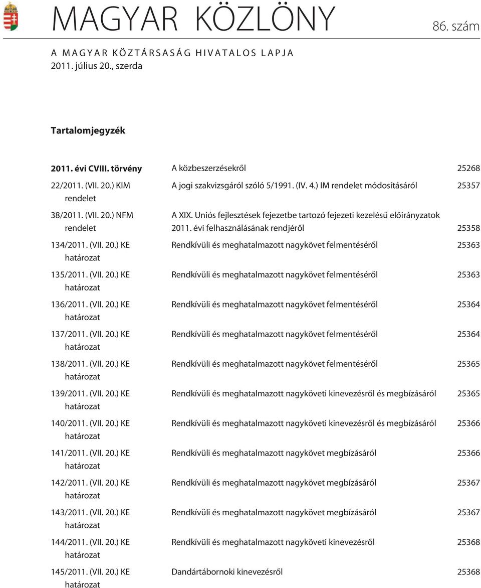 (VII. 20.) KE határozat 141/2011. (VII. 20.) KE határozat 142/2011. (VII. 20.) KE határozat 143/2011. (VII. 20.) KE határozat 144/2011. (VII. 20.) KE határozat 145/2011. (VII. 20.) KE határozat A jogi szakvizsgáról szóló 5/1991.