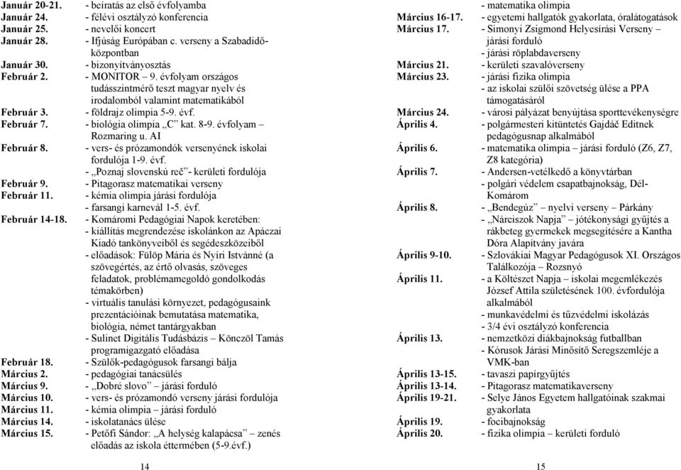 - biológia olimpia C kat. 8-9. évfolyam Rozmaring u. AI Február 8. - vers- és prózamondók versenyének iskolai fordulója 1-9. évf. - Poznaj slovenskú reč - kerületi fordulója Február 9.