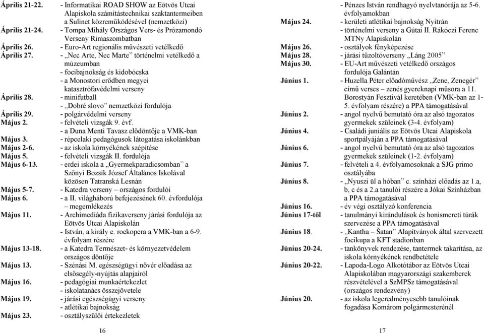 - Informatikai ROAD SHOW az Eötvös Utcai Alapiskola számítástechnikai szaktantermeiben a Sulinet közreműködésével (nemzetközi) - Tompa Mihály Országos Vers- és Prózamondó Verseny Rimaszombatban -