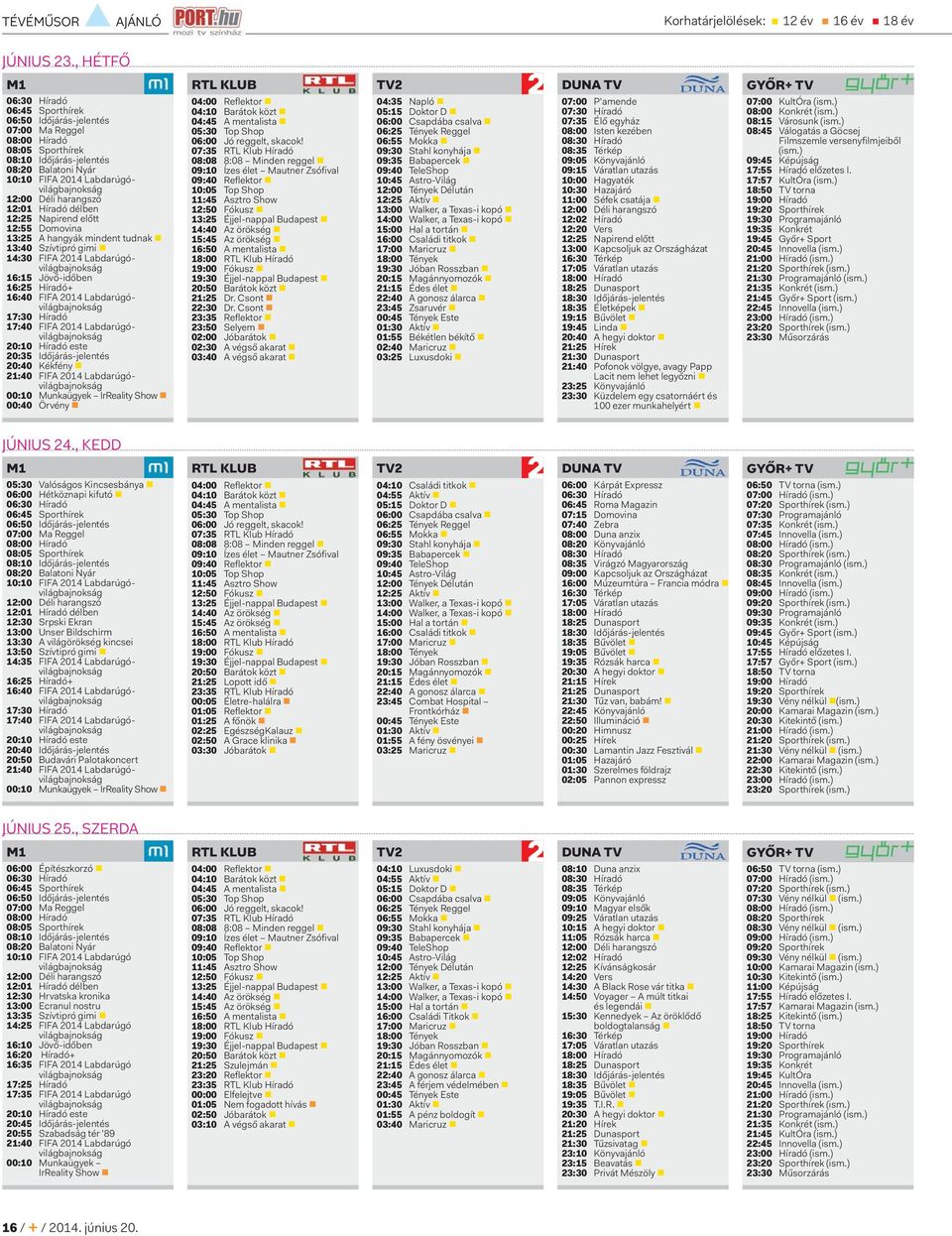 12:00 Déli harangszó 12:01 Híradó délben 12:25 Napirend előtt 12:55 Domovina 13:25 A hangyák mindent tudnak 13:40 Szívtipró gimi 14:30 FIFA 2014 Labdarúgóvilágbajnokság 16:15 Jövő-időben 16:25