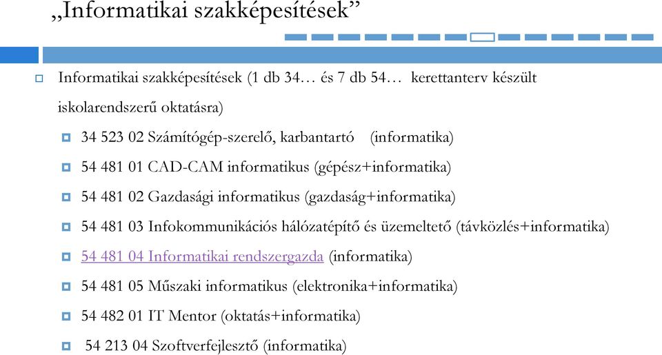 (gazdaság+informatika) 54 481 03 Infokommunikációs hálózatépítő és üzemeltető (távközlés+informatika) 54 481 04 Informatikai rendszergazda