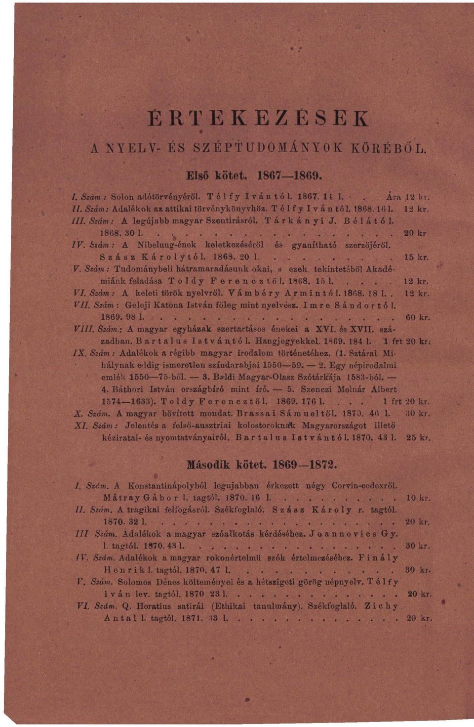 1863.20 1. 15 kr. V. Szám: Tudománybeli hátramaradásunk okai, s ezek tekintetéből Akadémiánk feladása T o 1 dy Ferencitől, 1868. 15 1 12 kr. VI. Szám: A keleti török nyelvről.