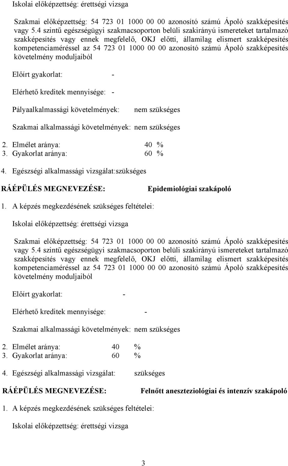 00 00 azonosító számú Ápoló szakképesítés követelmény moduljaiból Előírt gyakorlat: - Elérhető kreditek mennyisége: - Pályaalkalmassági követelmények: nem szükséges Szakmai alkalmassági