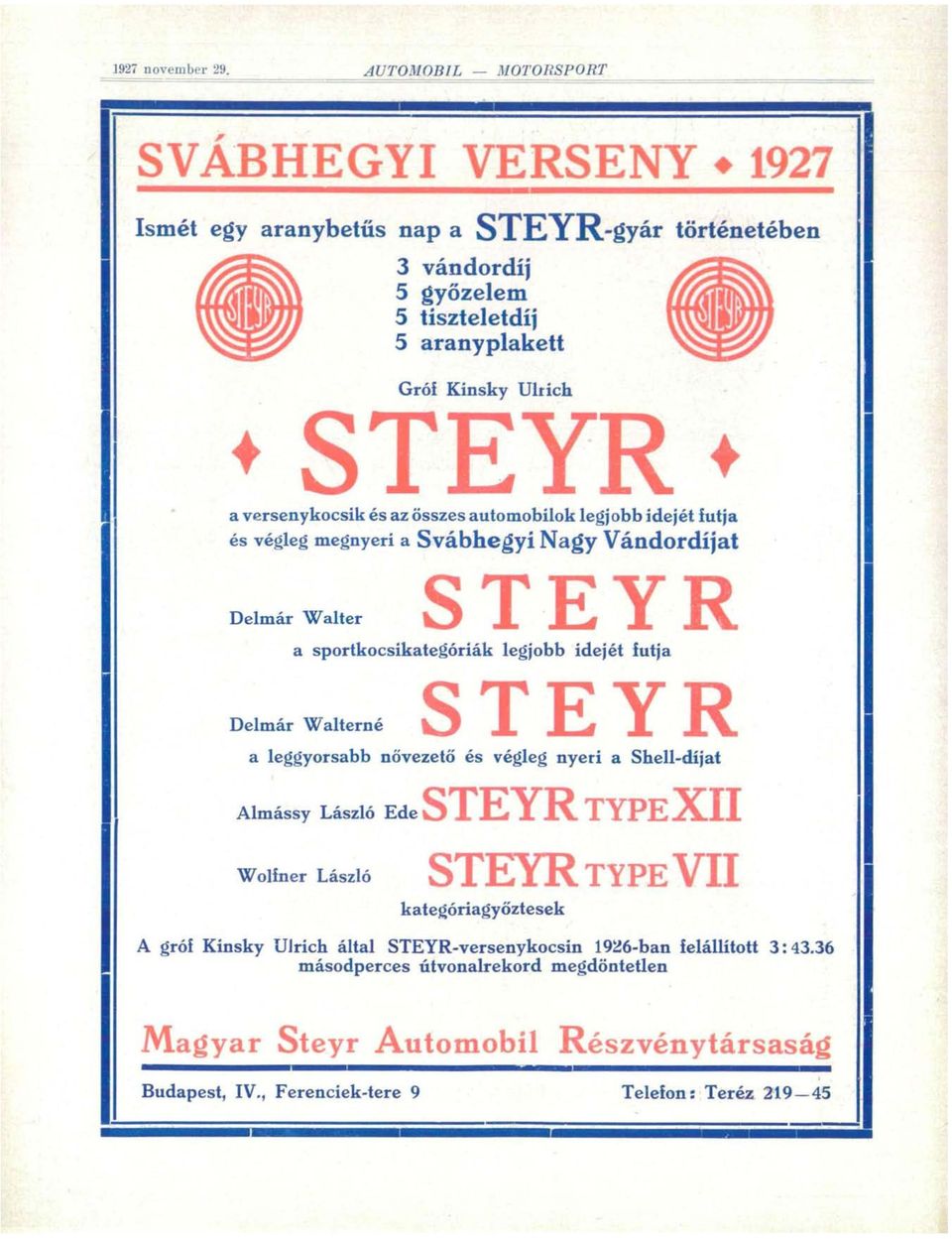 versenykocsik és az összes automobilok legjobb idejét futja és végleg megnyeri a Svábhegyi Nagy Vándordíjat Delmár Walter STEYR a sportkocsikategóriák legjobb idejét íutja STEYR Delmár