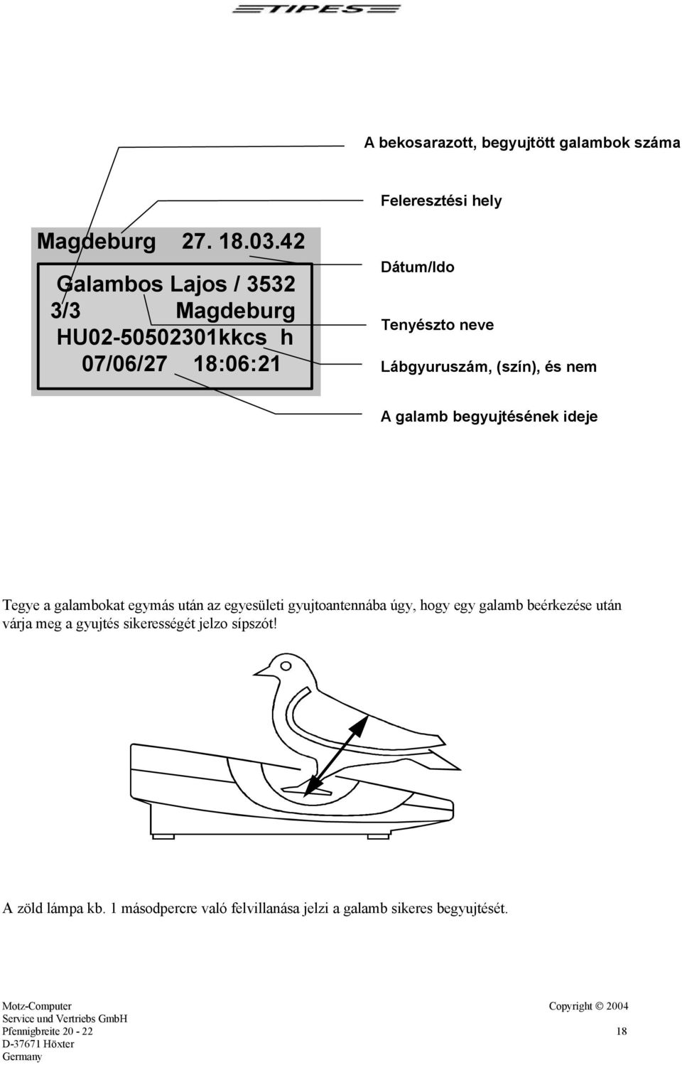 A galamb begyujtésének ideje Tegye a galambokat egymás után az egyesületi gyujtoantennába úgy, hogy egy galamb beérkezése után