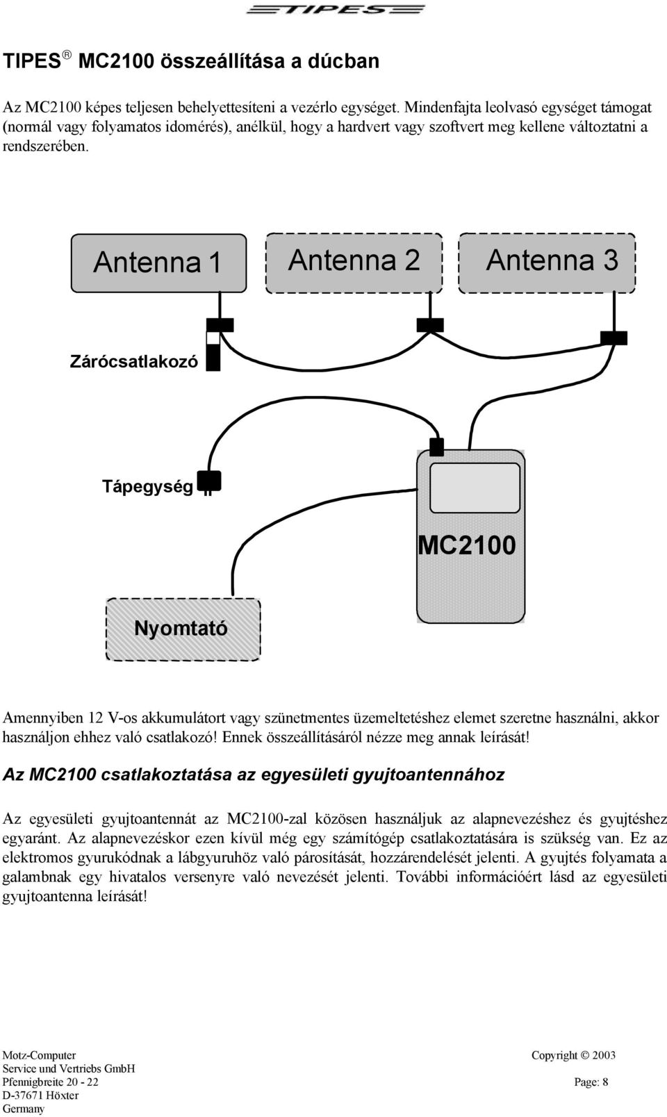 Antenna 1 Antenna 2 Antenna 3 Zárócsatlakozó Tápegység II MC2100 Nyomtató Amennyiben 12 V-os akkumulátort vagy szünetmentes üzemeltetéshez elemet szeretne használni, akkor használjon ehhez való