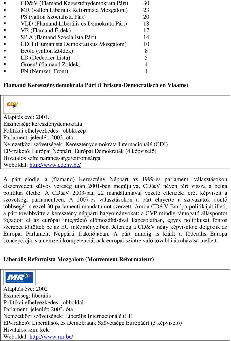 (flamand Zöldek) 4 FN (Nemzeti Front) 1 Flamand Kereszténydemokrata Párt (Christen-Democratisch en Vlaams) Alapítás éve: 2001.