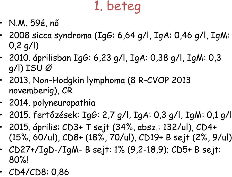 Non-Hodgkin lymphoma (8 R-CVOP 2013 novemberig), CR 2014. polyneuropathia 2015.