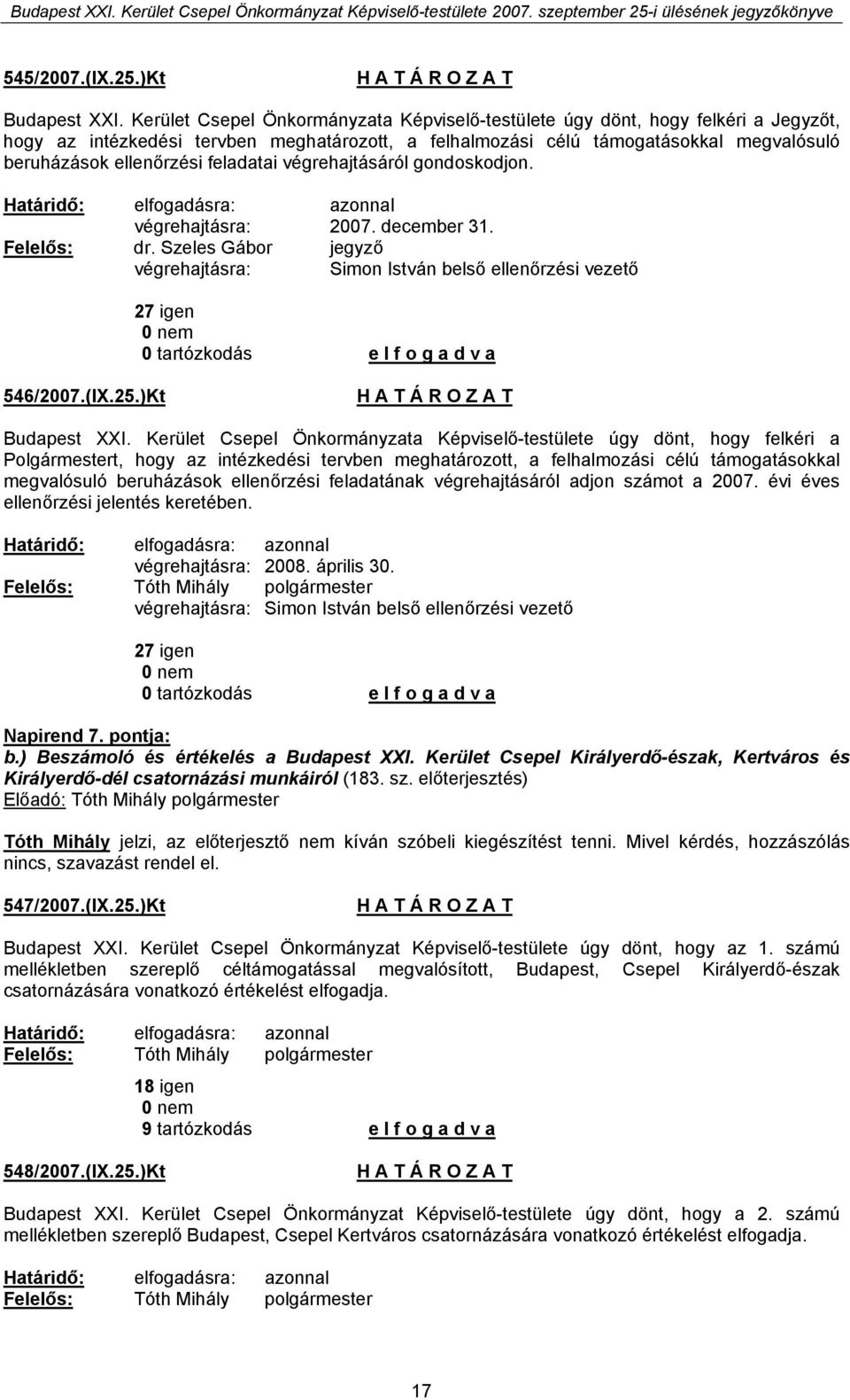 feladatai végrehajtásáról gondoskodjon. végrehajtásra: 2007. december 31. Felelős: dr. Szeles Gábor jegyző végrehajtásra: Simon István belső ellenőrzési vezető 27 igen 546/2007.(IX.25.