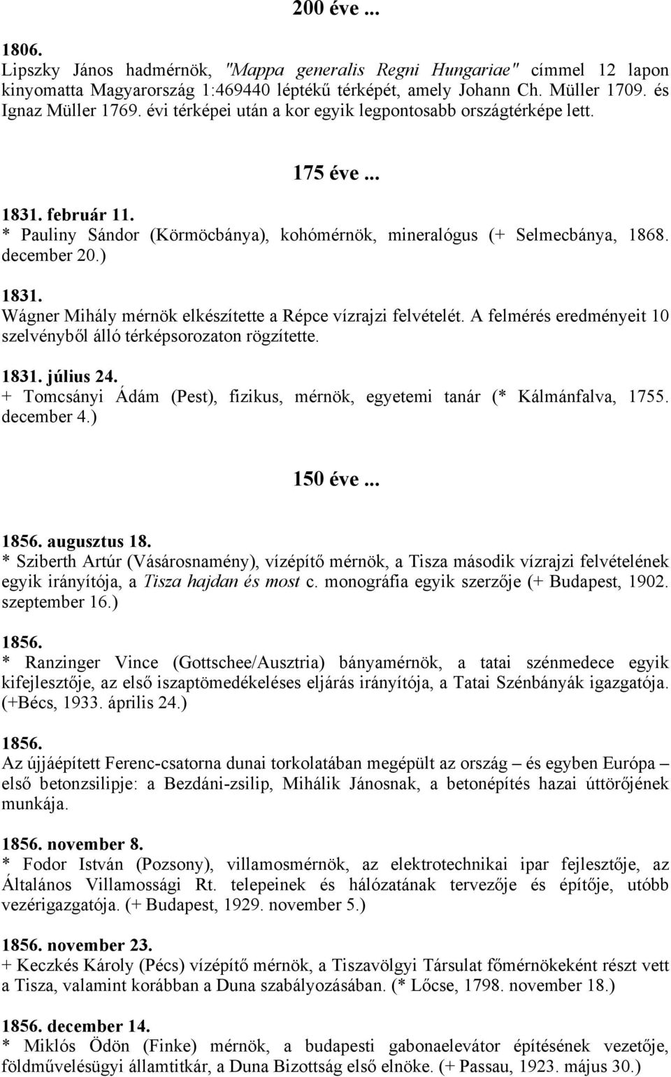 Wágner Mihály mérnök elkészítette a Répce vízrajzi felvételét. A felmérés eredményeit 10 szelvényből álló térképsorozaton rögzítette. 1831. július 24.