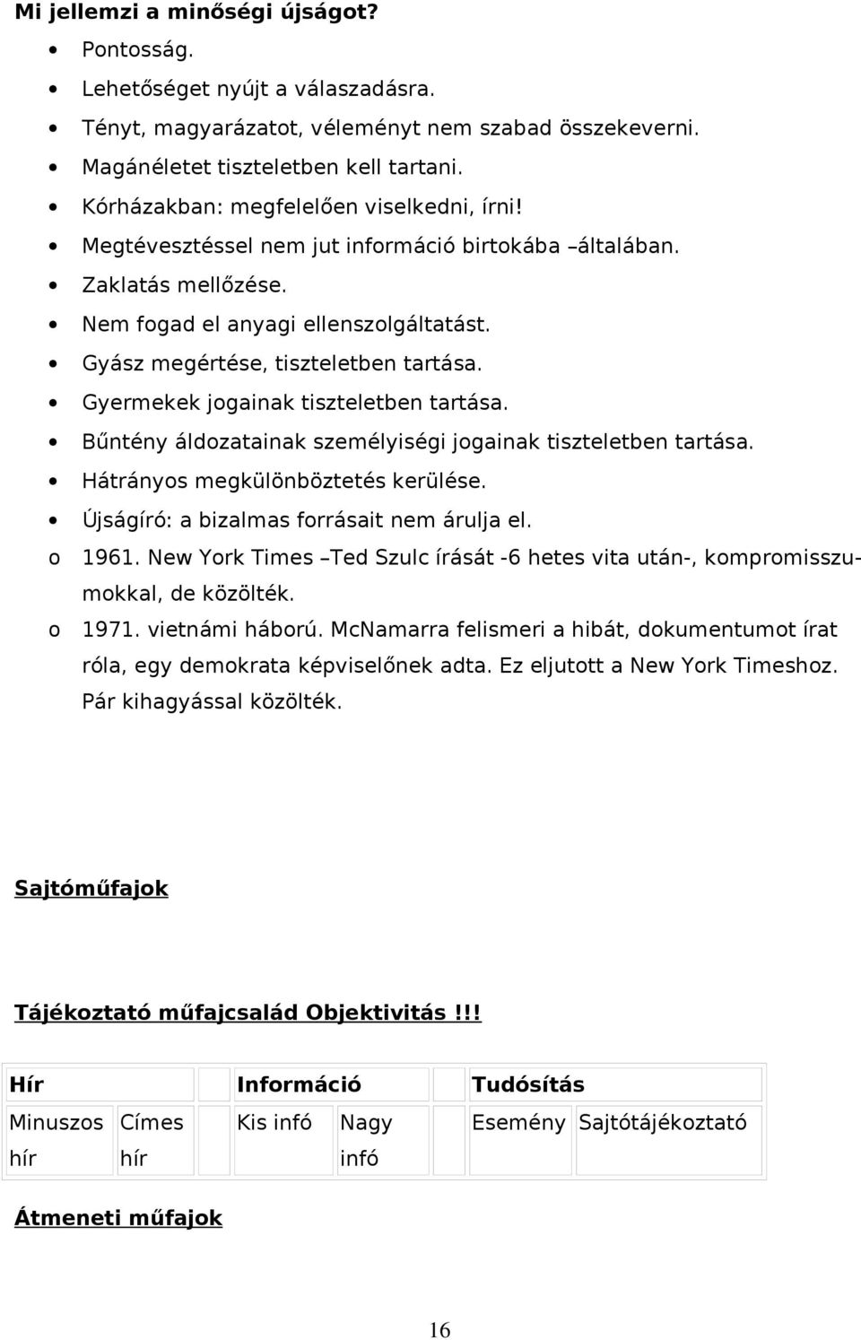 Gyermekek jgainak tiszteletben tartása. Bűntény áldzatainak személyiségi jgainak tiszteletben tartása. Hátránys megkülönböztetés kerülése. Újságíró: a bizalmas frrásait nem árulja el. 1961.