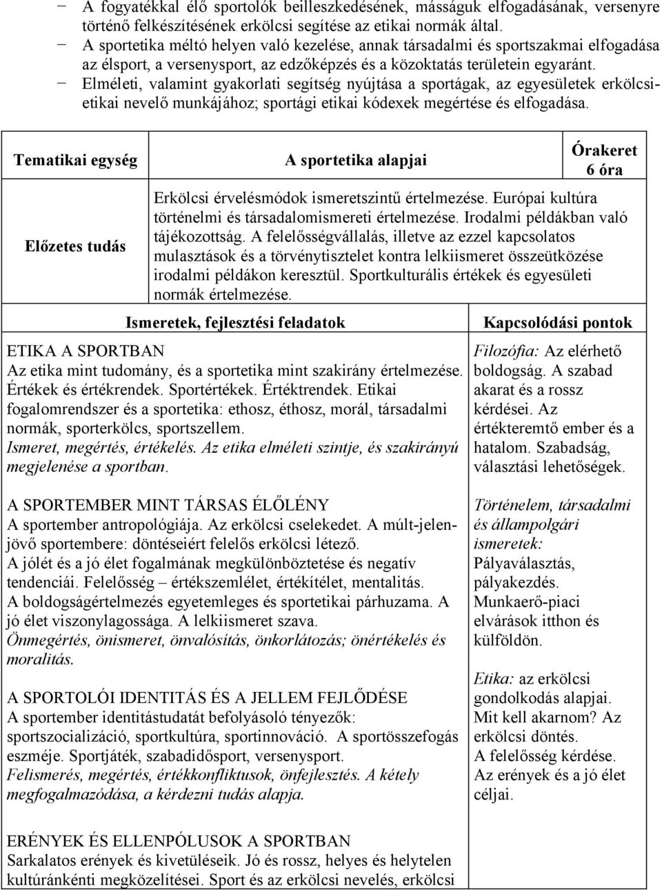 Elméleti, valamint gyakorlati segítség nyújtása a sportágak, az egyesületek erkölcsietikai nevelő munkájához; sportági etikai kódexek megértése és elfogadása.