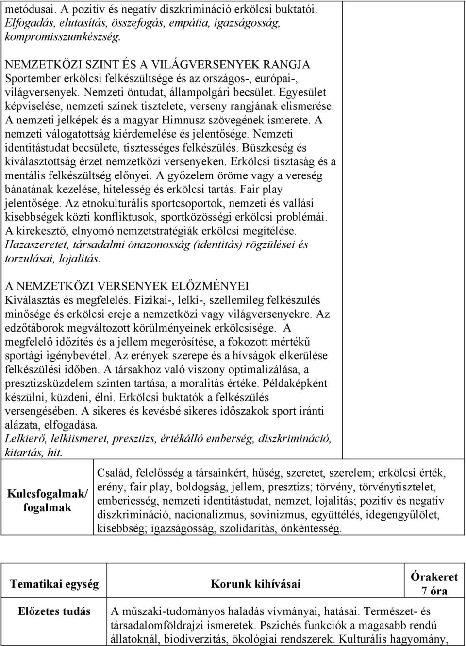 Egyesület képviselése, nemzeti színek tisztelete, verseny rangjának elismerése. A nemzeti jelképek és a magyar Himnusz szövegének ismerete. A nemzeti válogatottság kiérdemelése és jelentősége.