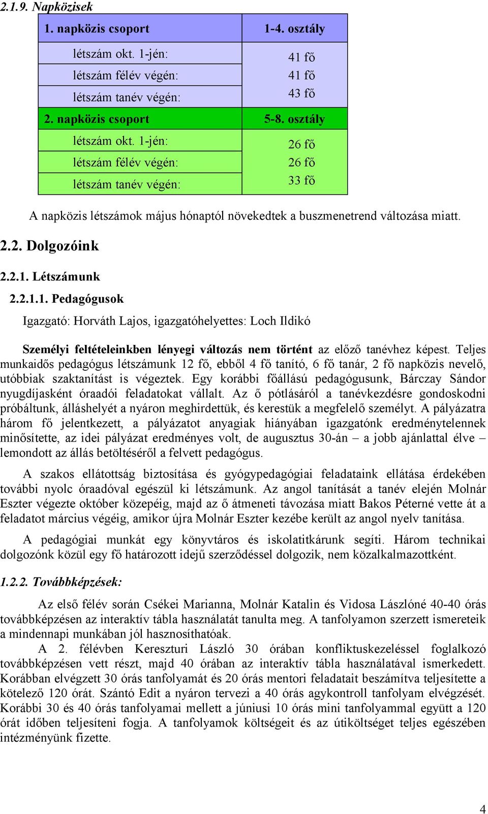 Loch Ildikó Személyi feltételeinkben lényegi változás nem történt az előző tanévhez képest Teljes munkaidős pedagógus létszámunk 2 fő, ebből 4 fő tanító, 6 fő tanár, 2 fő napközis nevelő, utóbbiak