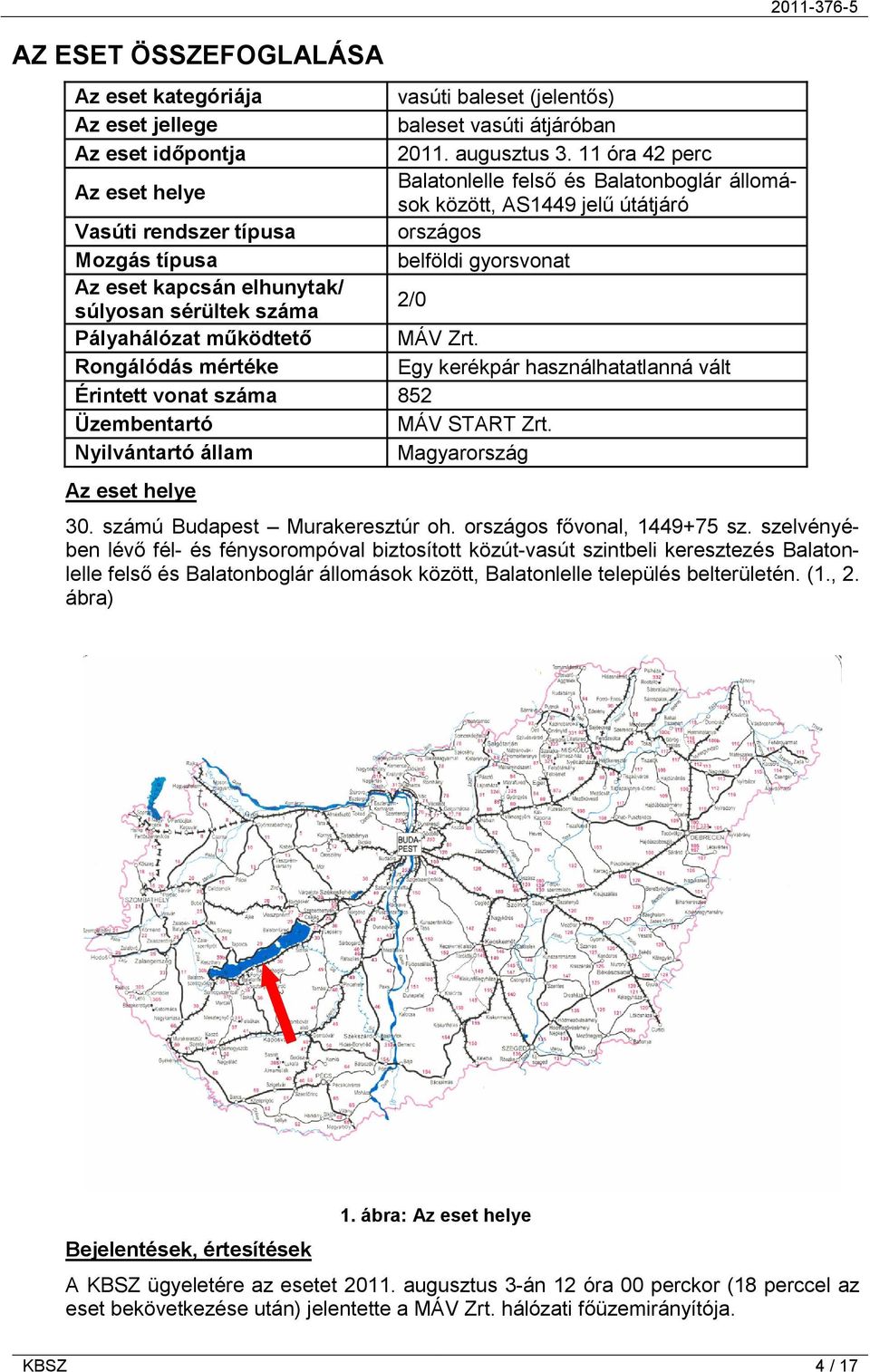 súlyosan sérültek száma 2/0 Pályahálózat működtető MÁV Zrt. Rongálódás mértéke Egy kerékpár használhatatlanná vált Érintett vonat száma 852 Üzembentartó MÁV START Zrt.