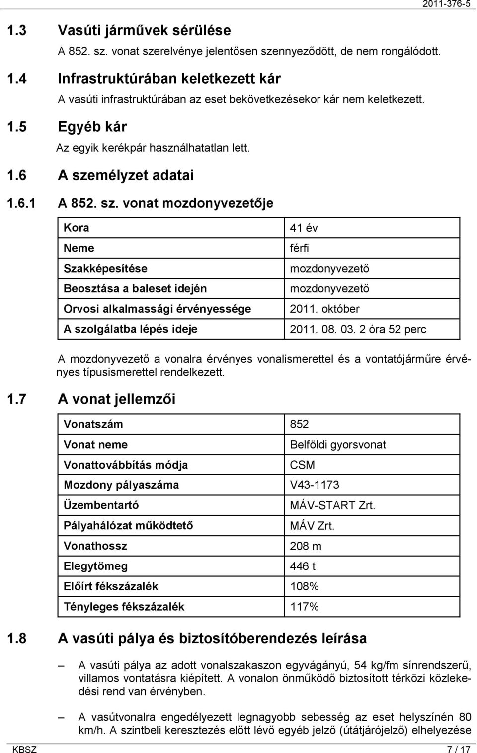 sz. vonat mozdonyvezetője 2011-376-5 Kora Neme Szakképesítése Beosztása a baleset idején Orvosi alkalmassági érvényessége A szolgálatba lépés ideje 41 év férfi mozdonyvezető mozdonyvezető 2011.