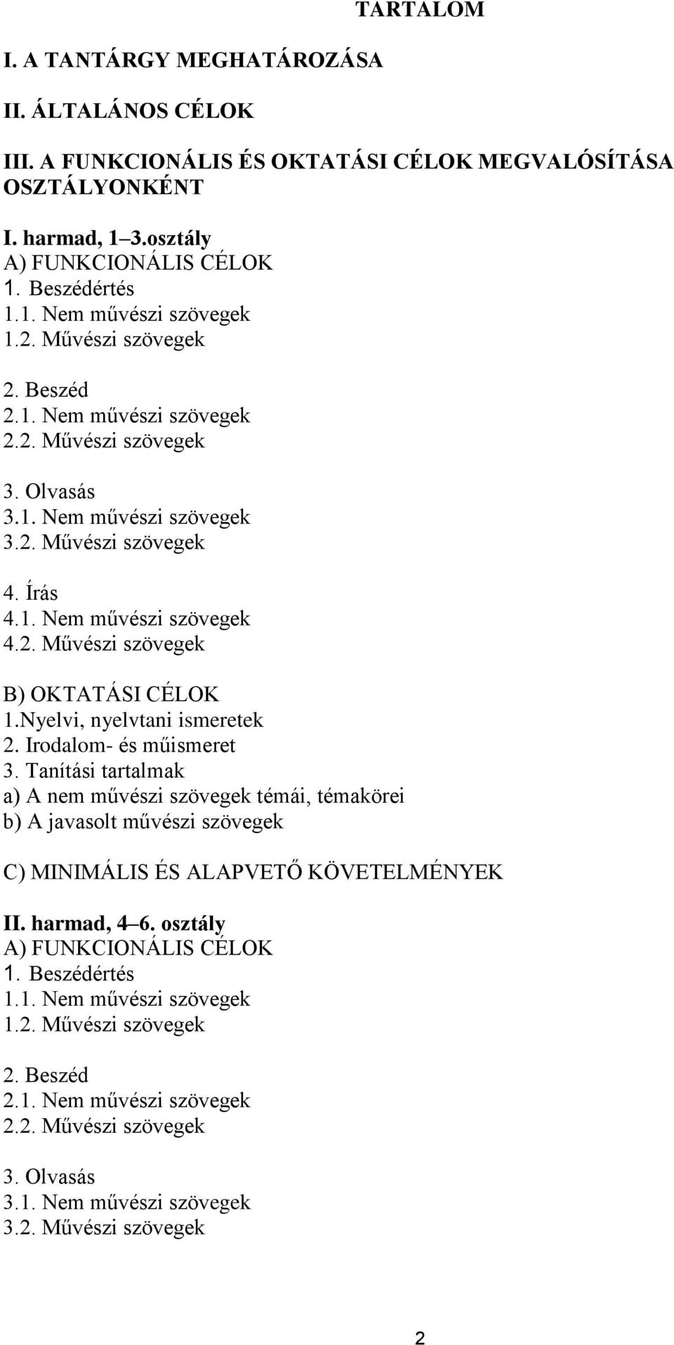 Nyelvi, nyelvtani ismeretek 2. Irodalom- és műismeret 3. Tanítási tartalmak a) A nem művészi szövegek témái, témakörei b) A javasolt művészi szövegek C) MINIMÁLIS ÉS ALAPVETŐ KÖVETELMÉNYEK II.