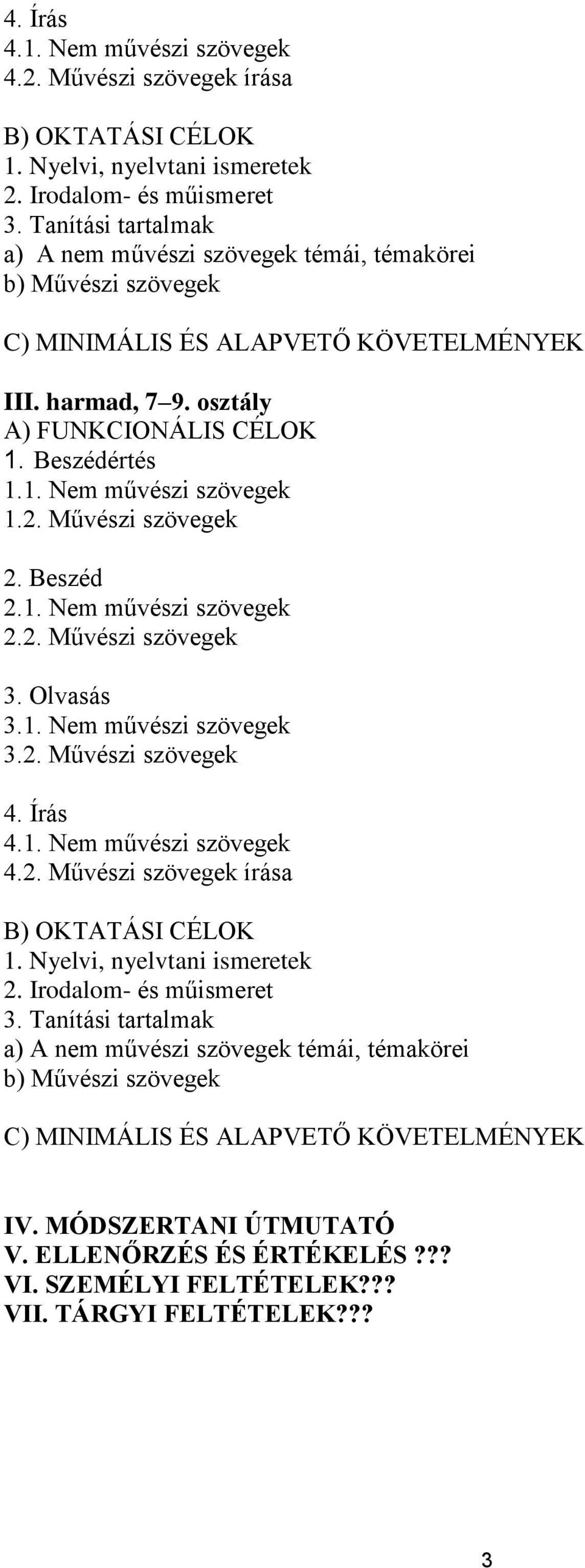 2. Művészi szövegek 2. Beszéd 2.1. Nem művészi szövegek 2.2. Művészi szövegek 3. Olvasás 3.1. Nem művészi szövegek 3.2. Művészi szövegek  Tanítási tartalmak a) A nem művészi szövegek témái, témakörei b) Művészi szövegek C) MINIMÁLIS ÉS ALAPVETŐ KÖVETELMÉNYEK IV.