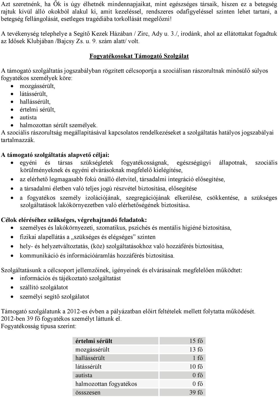 /, irodánk, ahol az ellátottakat fogadtuk az Idősek Klubjában /Bajcsy Zs. u. 9. szám alatt/ volt.