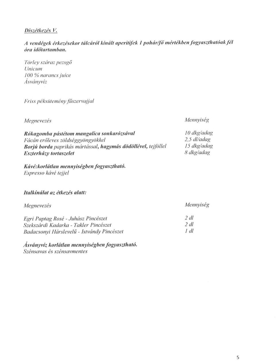 borda paprikás mártással, hagymás dödöllével, tejföllel Eszterházy tortaszelet 2,5 dl/adag 15 dkg/adag Kávé: korlátlan mennyiségben fogyasztható.