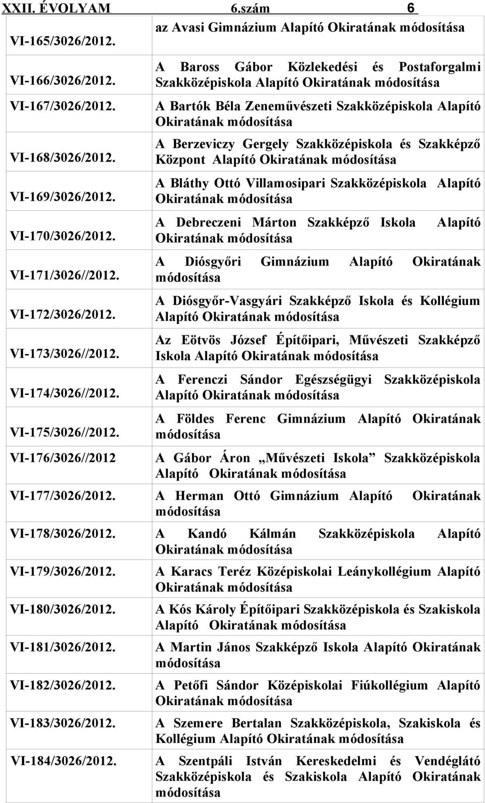 VI-176/3026//2012 A Baross Gábor Közlekedési és Postaforgalmi Szakközépiskola Alapító Okiratának módosítása A Bartók Béla Zeneművészeti Szakközépiskola Alapító Okiratának módosítása A Berzeviczy