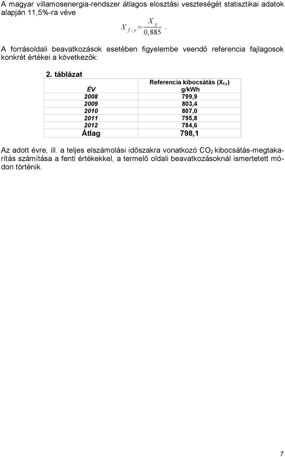 táblázat Referencia kibocsátás (X f;y) ÉV g/kwh 2008 799,9 2009 803,4 2010 807,0 2011 795,8 2012 784,6 Átlag 798,1 Az adott évre, ill.