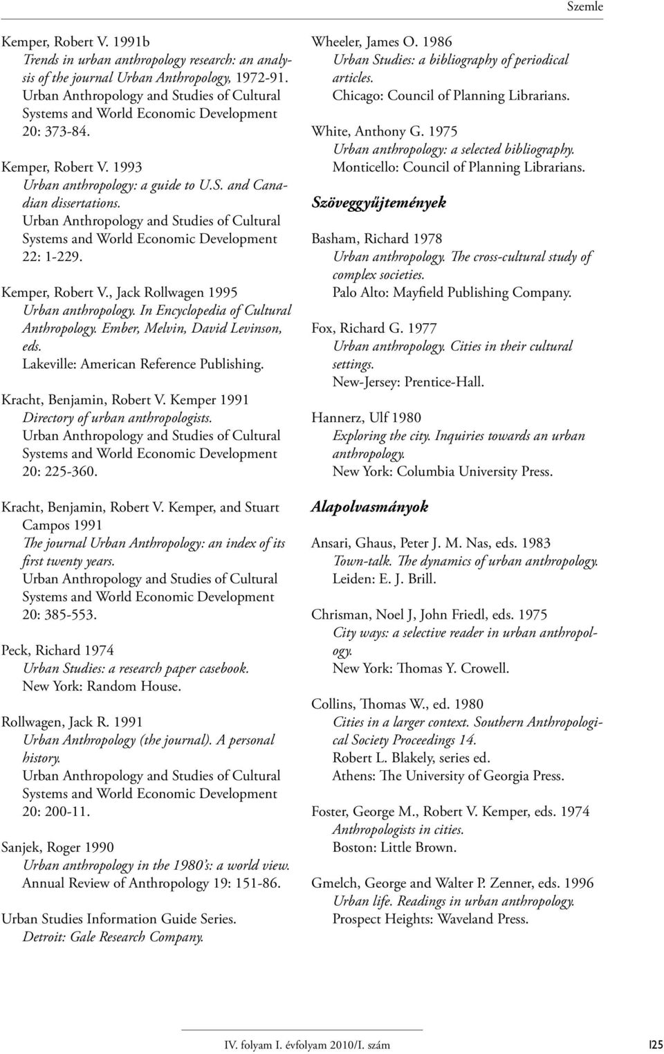 Lakeville: American Reference Publishing. Kracht, Benjamin, Robert V. Kemper 1991 Directory of urban anthropologists. 20: 225-360. Kracht, Benjamin, Robert V. Kemper, and Stuart Campos 1991 The journal Urban Anthropology: an index of its first twenty years.