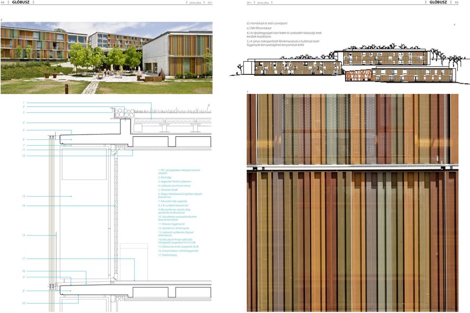 ) A színes mikroperforált fémlemezsávok a hullámzó textilfüggönyök könnyedségének benyomását keltik e 5 1 2 d 3 4 5 6 7 11 12 13 14 15 17 1. PVC vízszigetelésen kiképzett extenzív zöldtető 2.