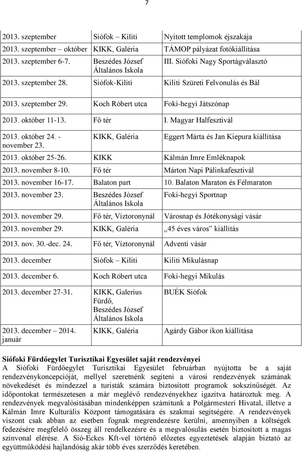 Magyar Halfesztivál 2013. október 24. - november 23. KIKK, Galéria Eggert Márta és Jan Kiepura kiállítása 2013. október 25-26. KIKK Kálmán Imre Emléknapok 2013. november 8-10.