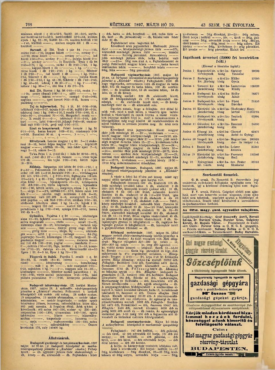 Tyúk 1 pár frt J- 1-35, csirke 0'50 1-20, kappan hízott, sovány 0' O'OO, récze hizott, sovány, lud hízott 4-50 6', sovány 2' -3', pulyka hizott 0 1 <), sovány. b) Tisztított.