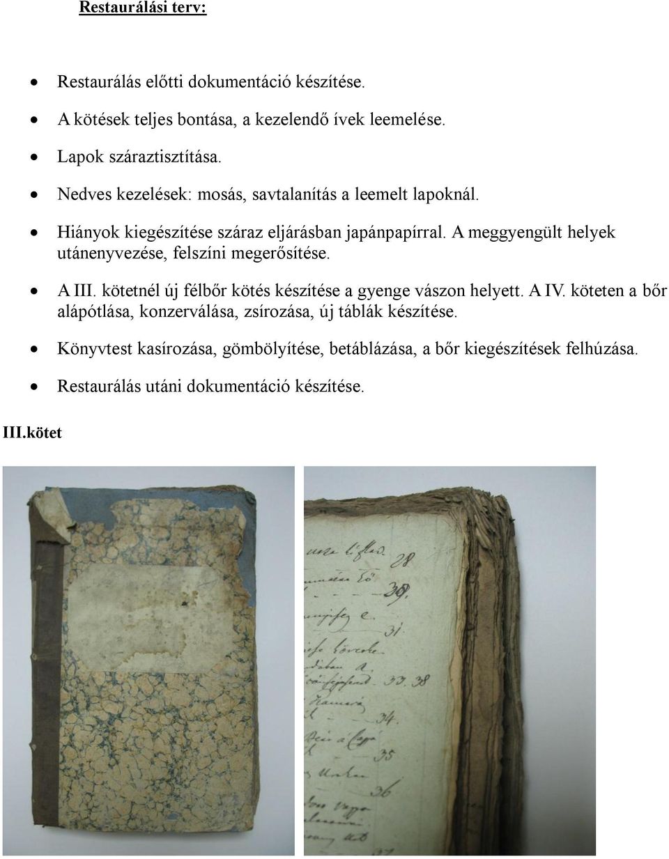 A meggyengült helyek utánenyvezése, felszíni megerősítése. A III. kötetnél új félbőr kötés készítése a gyenge vászon helyett. A IV.