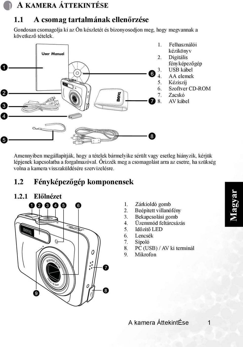 AV kábel Amennyiben megállapítják, hogy a tételek bármelyike sérült vagy esetleg hiányzik, kérjük lépjenek kapcsolatba a forgalmazóval.