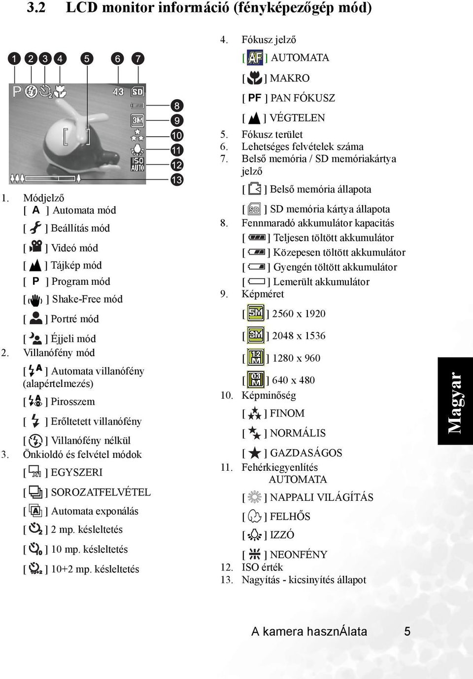 késleltetés 10 mp. késleltetés [ 10+2 ] 10+2 mp. késleltetés 4. Fókusz jelző AUTOMATA MAKRO [ PF ] PAN FÓKUSZ VÉGTELEN 5. Fókusz terület 6. Lehetséges felvételek száma 7.