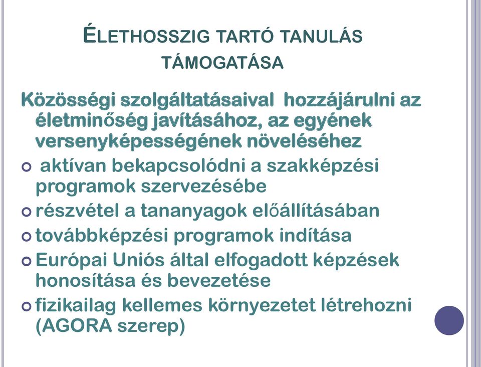 programok szervezésébe részvétel a tananyagok előállításában továbbképzési programok indítása