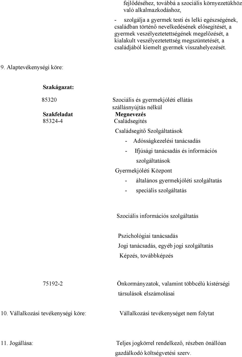 Alaptevékenységi köre: Szakágazat: 85320 Szociális és gyermekjóléti ellátás szállásnyújtás nélkül Szakfeladat Megnevezés 85324-4 Családsegítés Családsegítő Szolgáltatások - Adósságkezelési tanácsadás