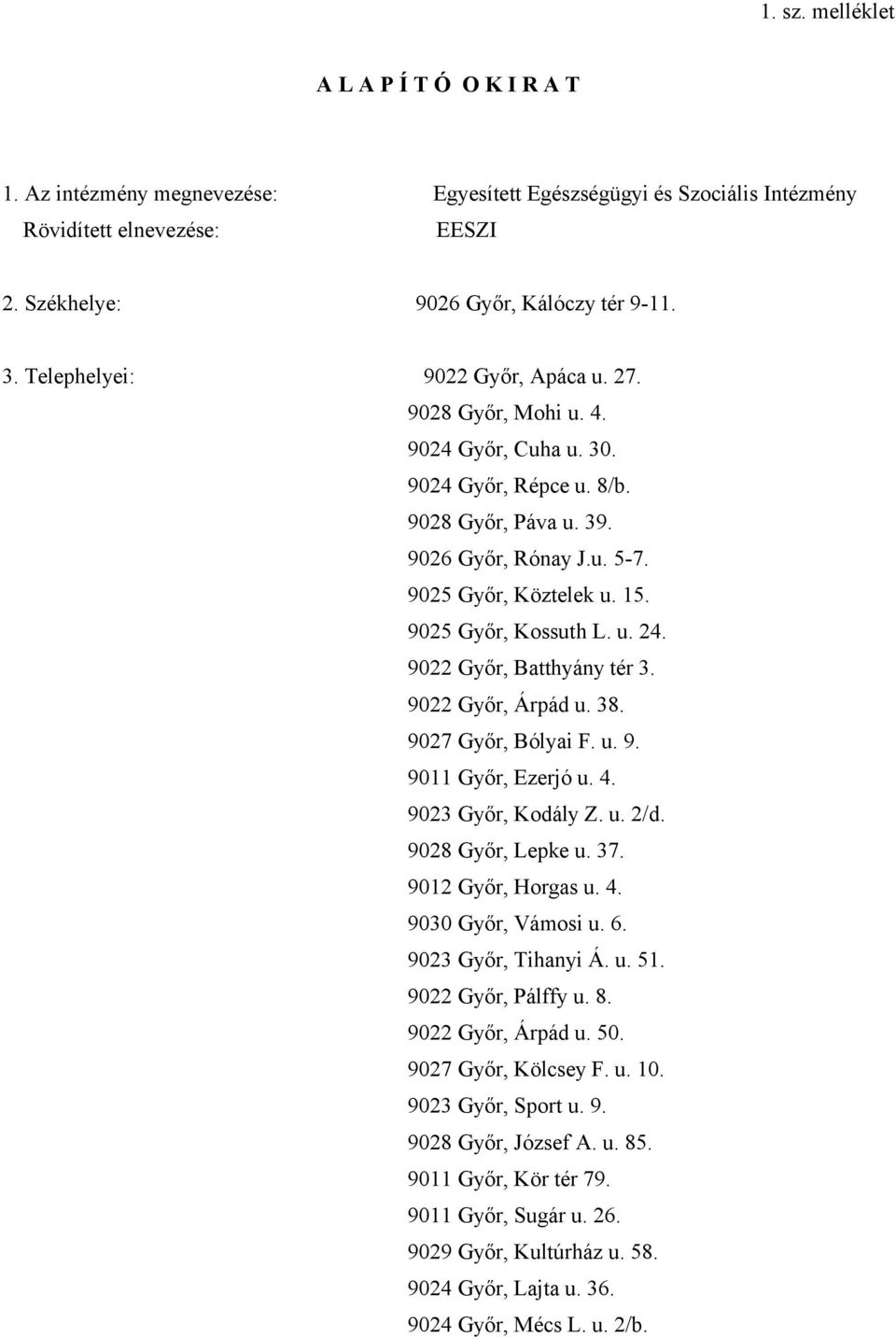 9025 Győr, Kossuth L. u. 24. 9022 Győr, Batthyány tér 3. 9022 Győr, Árpád u. 38. 9027 Győr, Bólyai F. u. 9. 9011 Győr, Ezerjó u. 4. 9023 Győr, Kodály Z. u. 2/d. 9028 Győr, Lepke u. 37.